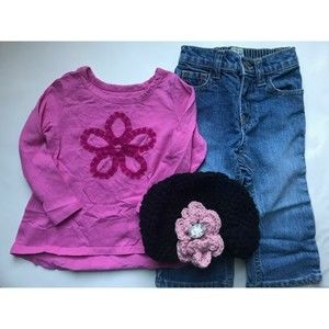 Girl's Size 18M 12-18 Months 3 Piece Pink PLACE Floral L/S Top, Jeans + Hat